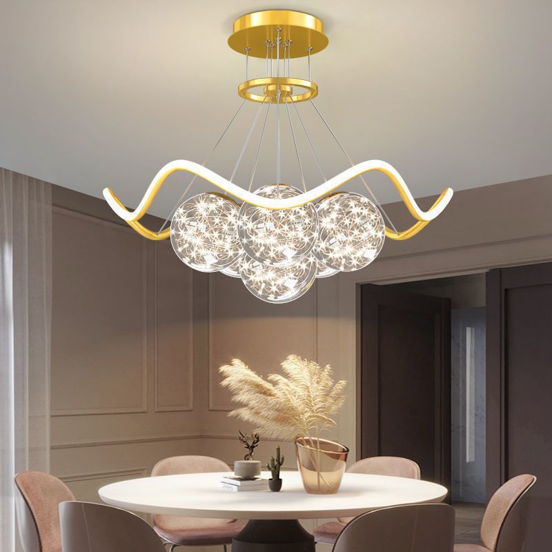 ثريات LED حديثة فاخرة من المعدن الأكريليك الزجاجي على شكل نجمة كاملة وموجة دائرية لغرفة المعيشة 