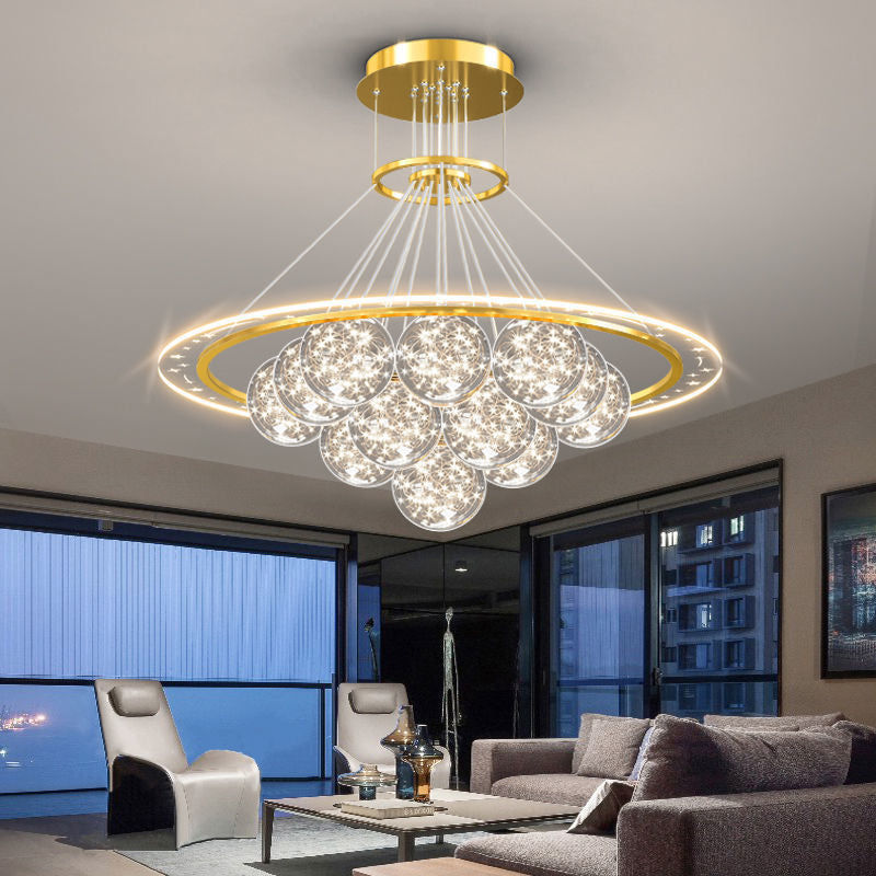 ثريات LED حديثة فاخرة من المعدن الأكريليك الزجاجي على شكل نجمة كاملة وموجة دائرية لغرفة المعيشة 