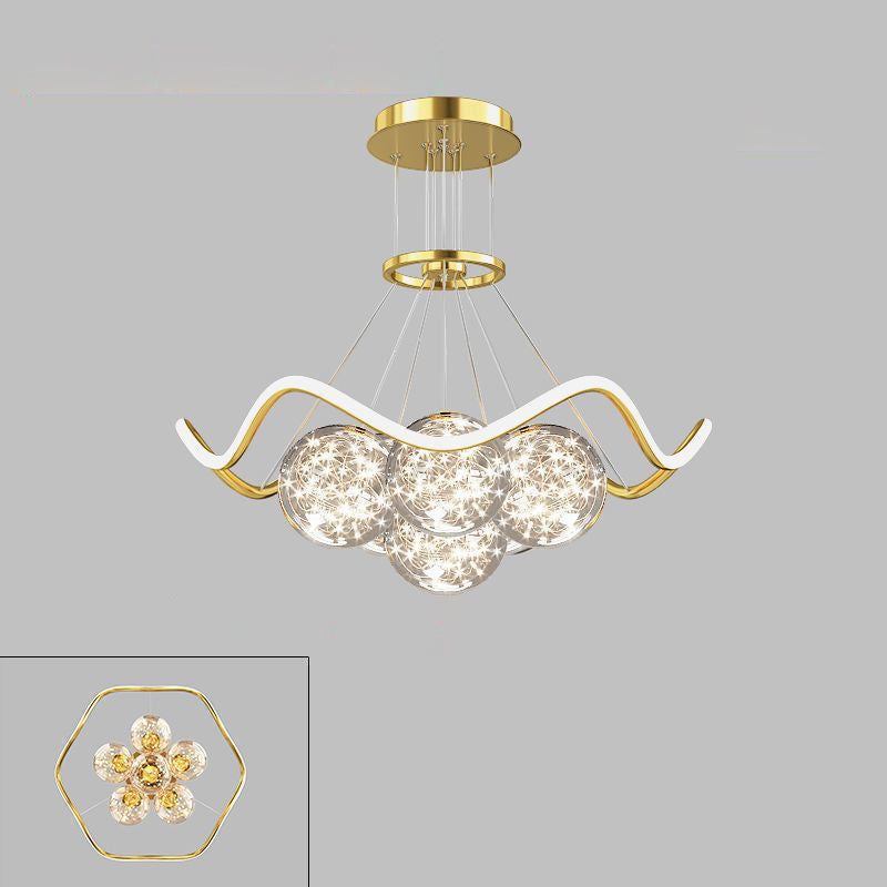 ثريات LED حديثة فاخرة من المعدن الأكريليك الزجاجي على شكل نجمة كاملة وموجة دائرية لغرفة المعيشة 