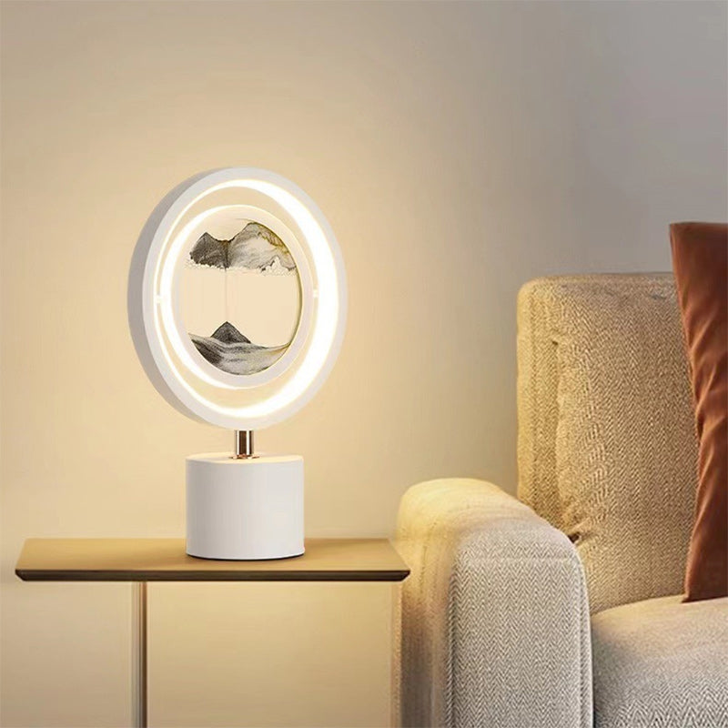 Contemporary Creative Metal Acrylic Silica Round Sand Painting USB LED Table Lamp For Bedroom