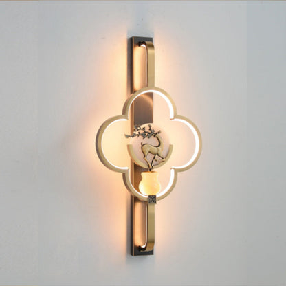Traditional Chinese Copper Marble Zinc Alloy Flower Deer Bottle Gourd LED Wall Sconce Lamp For Living Room