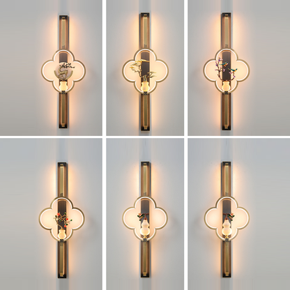 Traditional Chinese Copper Marble Zinc Alloy Flower Deer Bottle Gourd LED Wall Sconce Lamp For Living Room