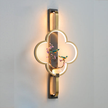 Traditional Chinese Copper Marble Zinc Alloy Flower Deer Bottle Gourd LED Wall Sconce Lamp For Living Room