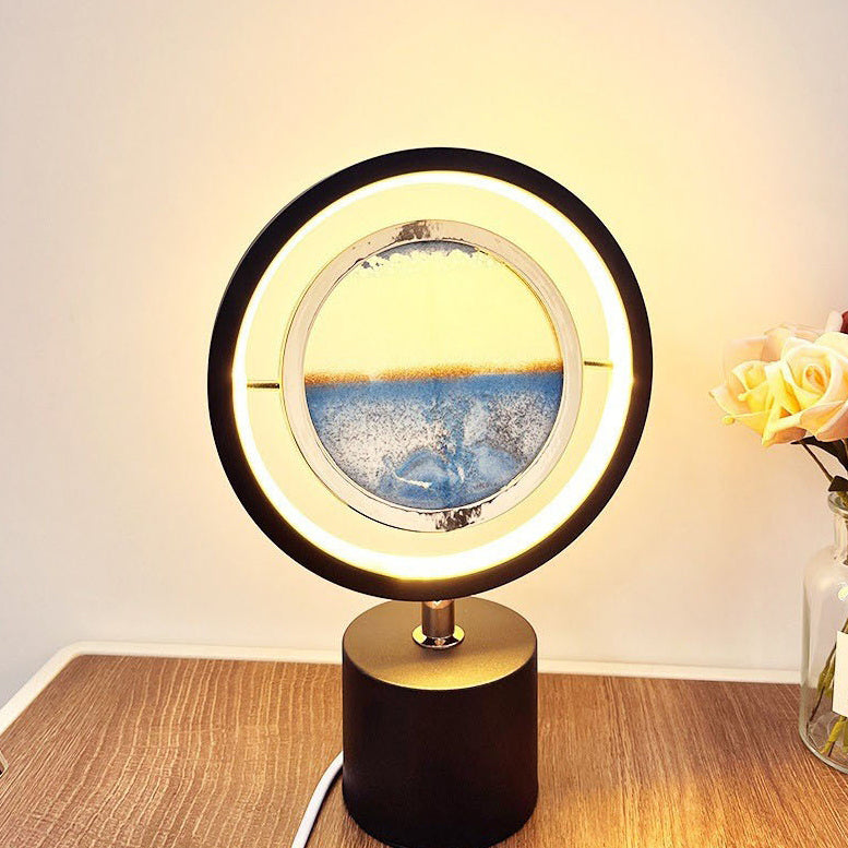 Contemporary Creative Iron Glass Silica Round Sand Painting USB LED Table Lamp For Bedroom