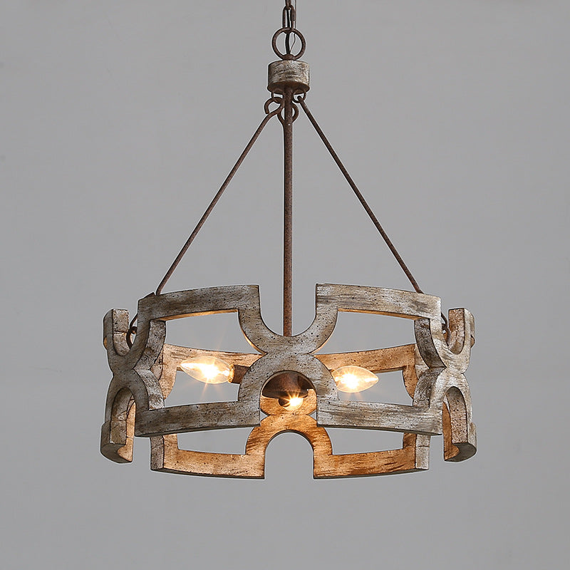 Traditional Vintage Solid Wood Iron Round Drum Hollowed 3-Light Chandeliers For Dining Room