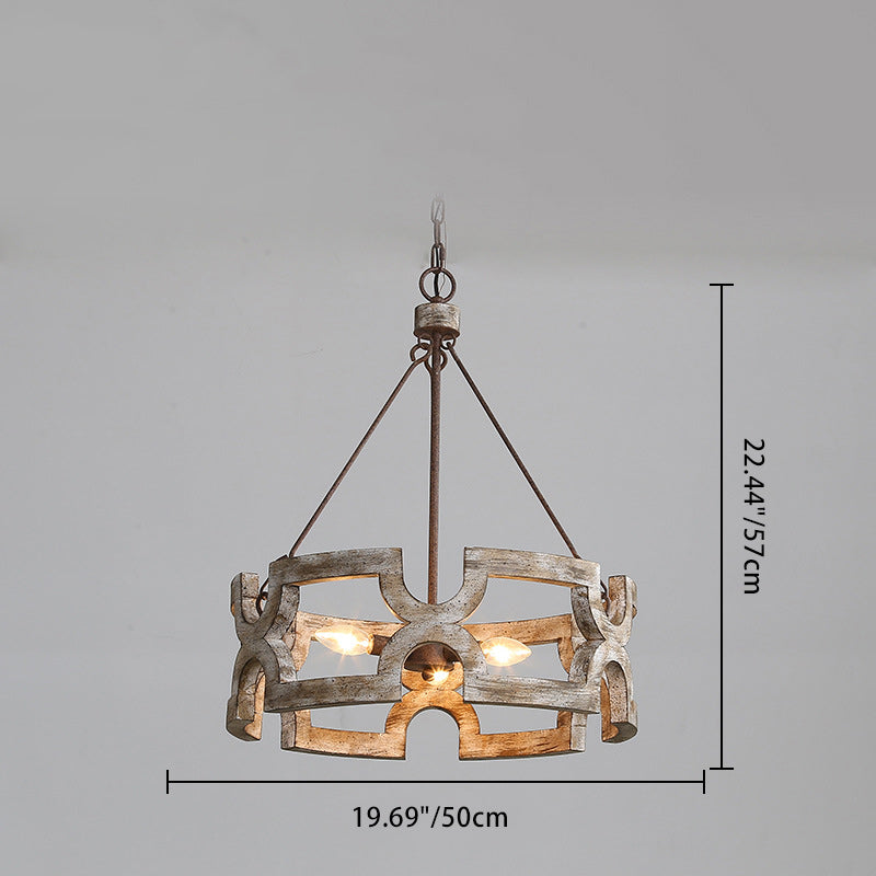 Traditional Vintage Solid Wood Iron Round Drum Hollowed 3-Light Chandeliers For Dining Room