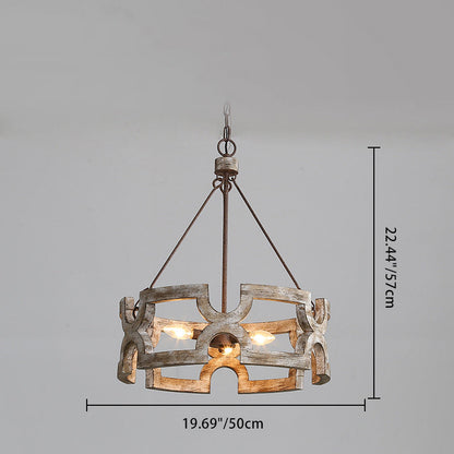 Traditional Vintage Solid Wood Iron Round Drum Hollowed 3-Light Chandeliers For Dining Room