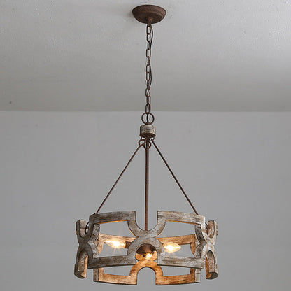 Traditional Vintage Solid Wood Iron Round Drum Hollowed 3-Light Chandeliers For Dining Room