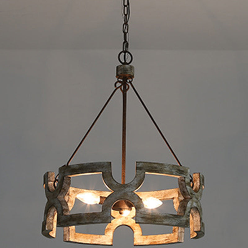 Traditional Vintage Solid Wood Iron Round Drum Hollowed 3-Light Chandeliers For Dining Room