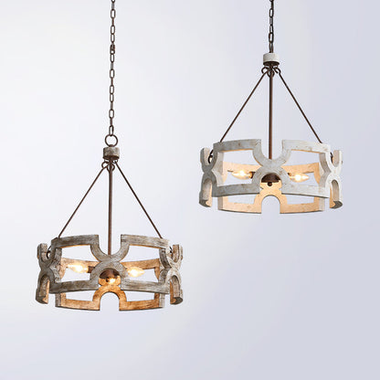 Traditional Vintage Solid Wood Iron Round Drum Hollowed 3-Light Chandeliers For Dining Room