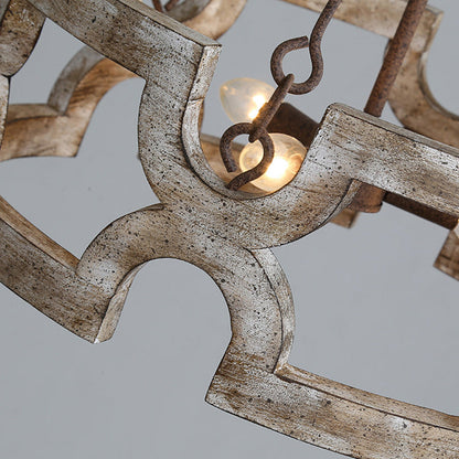 Traditional Vintage Solid Wood Iron Round Drum Hollowed 3-Light Chandeliers For Dining Room