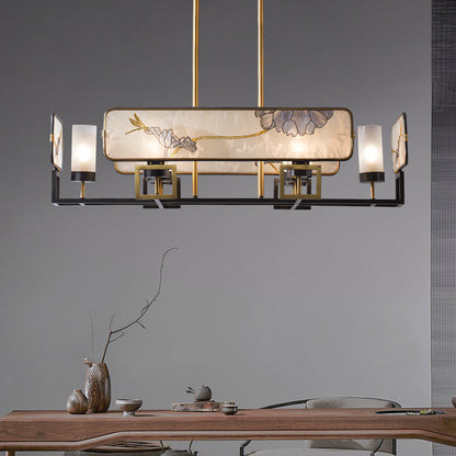 Traditional Chinese Copper Glass Rectangular Handmade Painting Lotus Leaf 5/6/8 Light Chandeliers For Dining Room