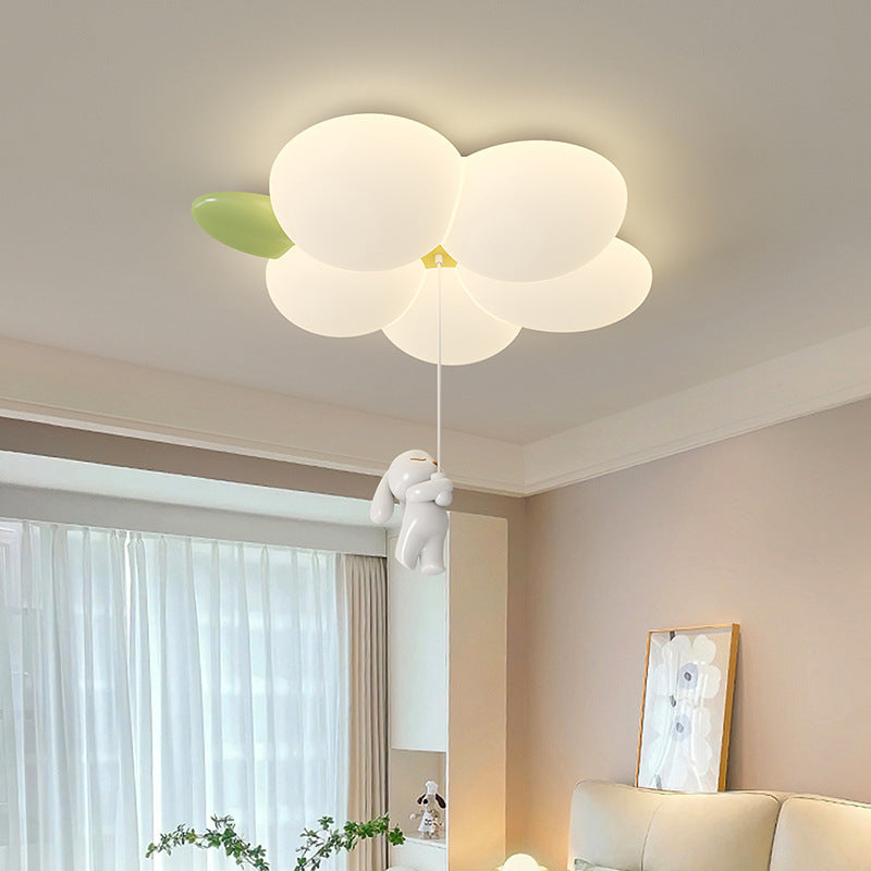 Contemporary Nordic Kids Rabbit Flower Iron PE LED Flush Mount Ceiling Light For Bedroom