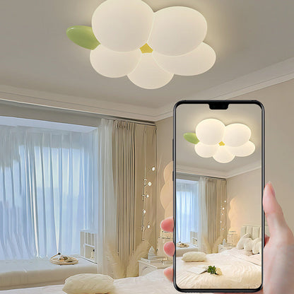 Contemporary Nordic Kids Rabbit Flower Iron PE LED Flush Mount Ceiling Light For Bedroom
