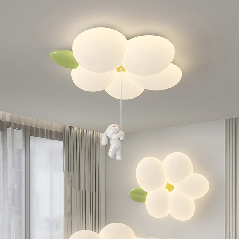 Contemporary Nordic Kids Rabbit Flower Iron PE LED Flush Mount Ceiling Light For Bedroom