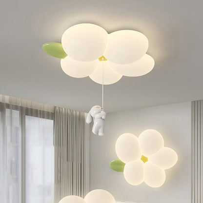Contemporary Nordic Kids Rabbit Flower Iron PE LED Flush Mount Ceiling Light For Bedroom