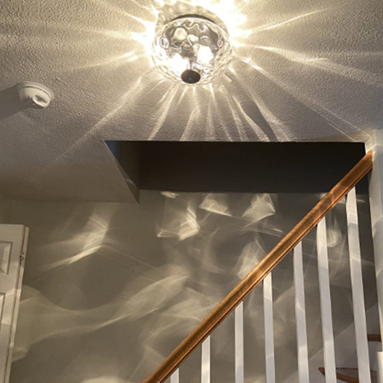 Modern Art Deco Iron Glass Round Ripple 2-Light Semi-Flush Mount Ceiling Light For Living Room
