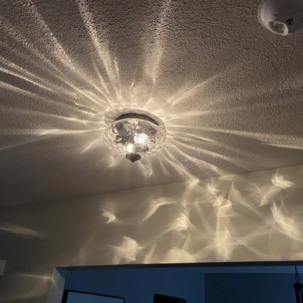 Modern Art Deco Iron Glass Round Ripple 2-Light Semi-Flush Mount Ceiling Light For Living Room