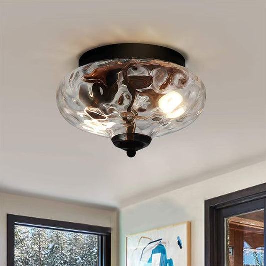 Modern Art Deco Iron Glass Round Ripple 2-Light Semi-Flush Mount Ceiling Light For Living Room