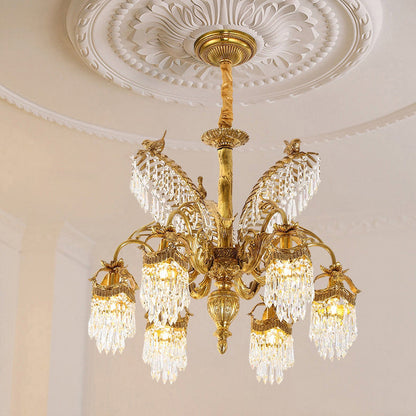 Traditional Luxury Brass Crystal Hand-Carved Palm Tree 6/8 Light Chandeliers For Living Room