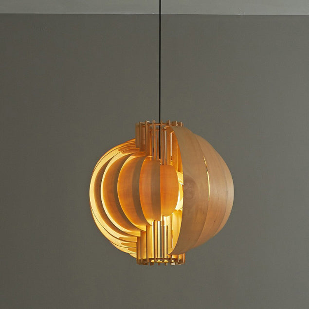 Traditional Vintage Basswood Plywood Ball Moon 1-Light Pendant Light For Dining Room