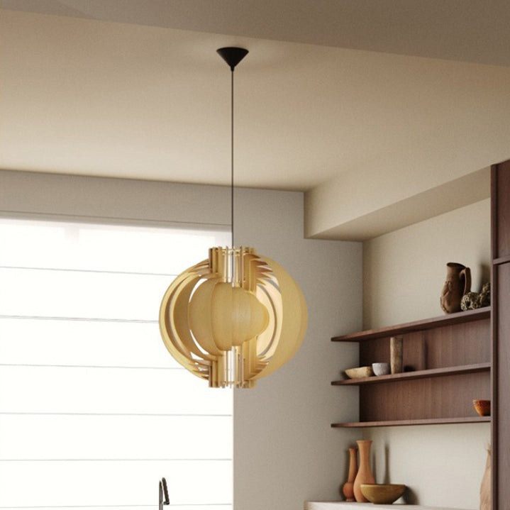 Traditional Vintage Basswood Plywood Ball Moon 1-Light Pendant Light For Dining Room