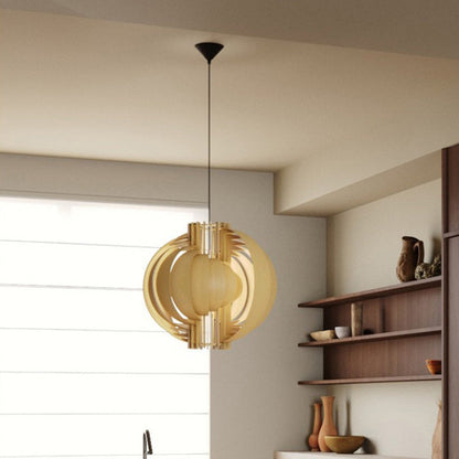 Traditional Vintage Basswood Plywood Ball Moon 1-Light Pendant Light For Dining Room