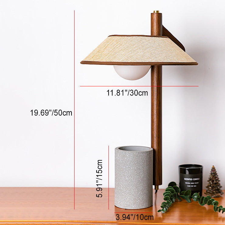 Traditional Vintage Ash Wood Fabric Cement Conic Cylinder Vase 1-Light Table Lamp For Bedroom