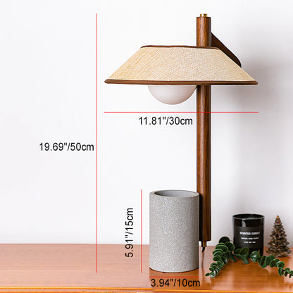 Traditional Vintage Ash Wood Fabric Cement Conic Cylinder Vase 1-Light Table Lamp For Bedroom