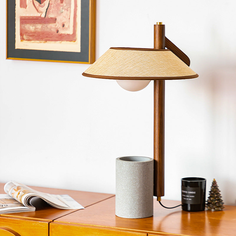 Traditional Vintage Ash Wood Fabric Cement Conic Cylinder Vase 1-Light Table Lamp For Bedroom