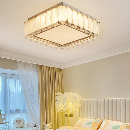 Traditional French Glass Iron Crystal Round Square Feather LED Flush Mount Ceiling Light For Bedroom