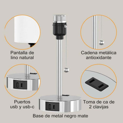 Modern Simplicity Fabric Iron Cylinder Zipper USB Rechargeable 1-Light Table Lamp For Bedside