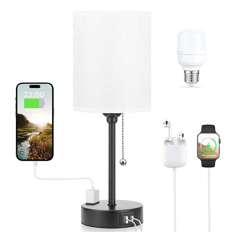 Modern Simplicity Fabric Iron Cylinder Zipper USB Rechargeable 1-Light Table Lamp For Bedside