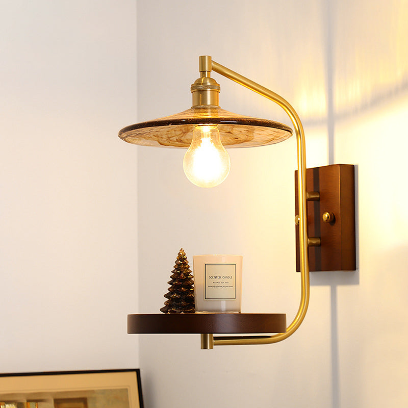 Contemporary Retro Brass Glass Rubber Wood Shelf Disk Ice Cube 1-Light Wall Sconce Lamp For Bedside