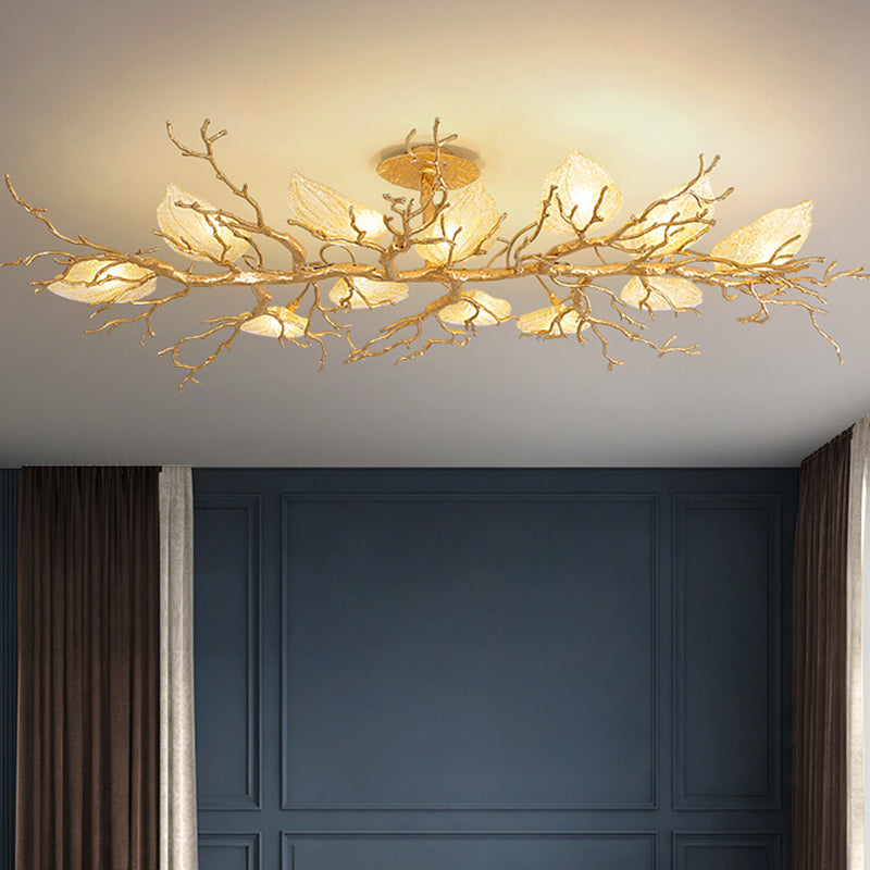 Contemporary Luxury Copper Branch Leaf 10/15 Light Semi-Flush Mount Ceiling Light For Living Room