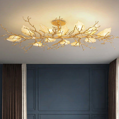 Contemporary Luxury Copper Branch Leaf 10/15 Light Semi-Flush Mount Ceiling Light For Living Room
