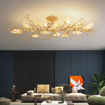 Contemporary Luxury Copper Branch Leaf 10/15 Light Semi-Flush Mount Ceiling Light For Living Room