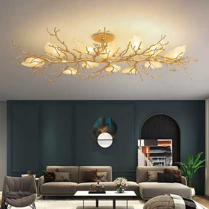 Contemporary Luxury Copper Branch Leaf 10/15 Light Semi-Flush Mount Ceiling Light For Living Room