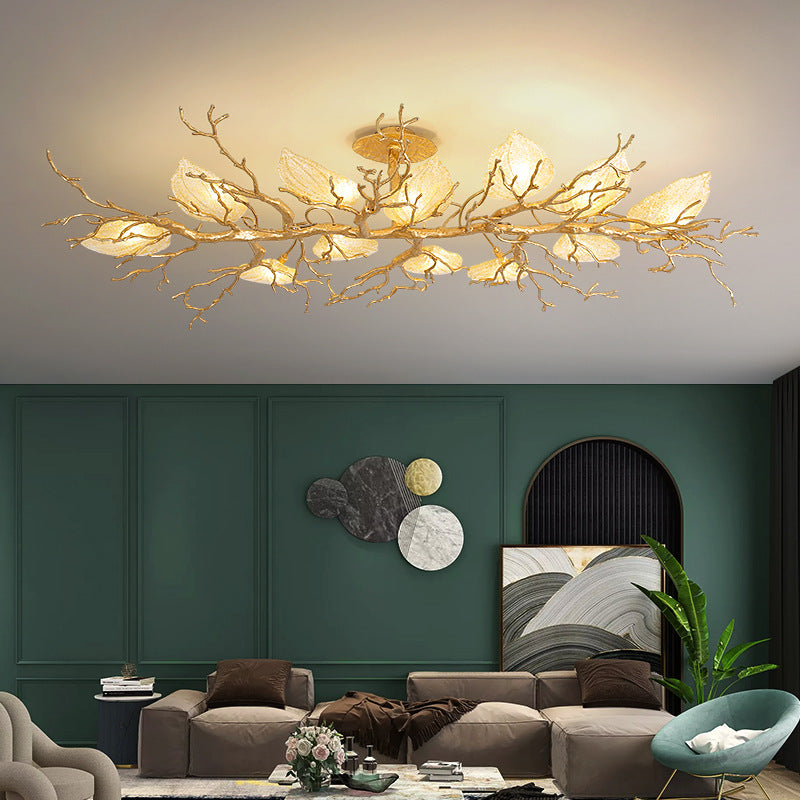 Contemporary Luxury Copper Branch Leaf 10/15 Light Semi-Flush Mount Ceiling Light For Living Room