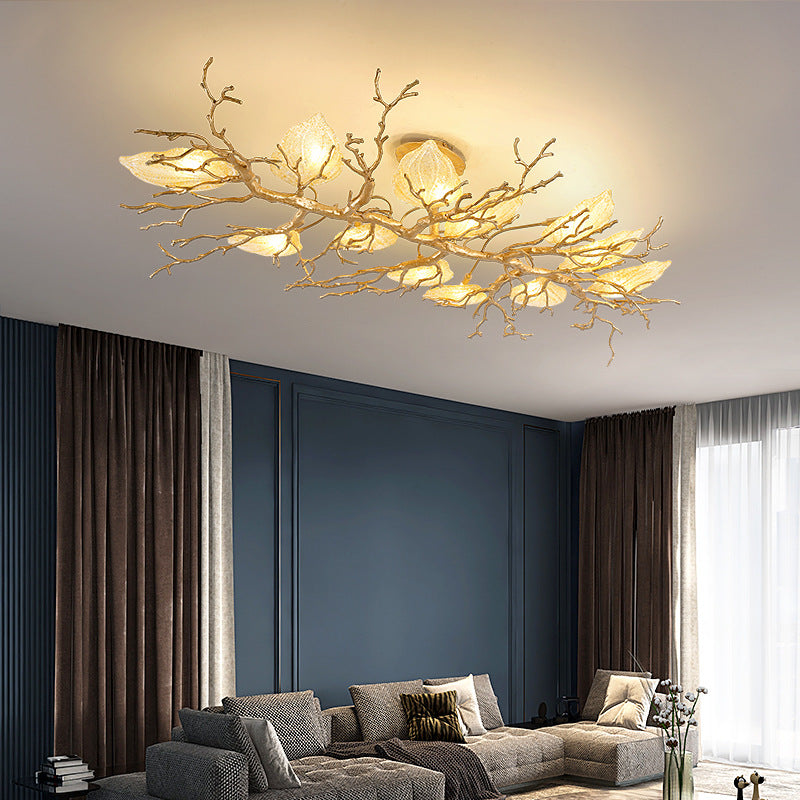 Contemporary Luxury Copper Branch Leaf 10/15 Light Semi-Flush Mount Ceiling Light For Living Room