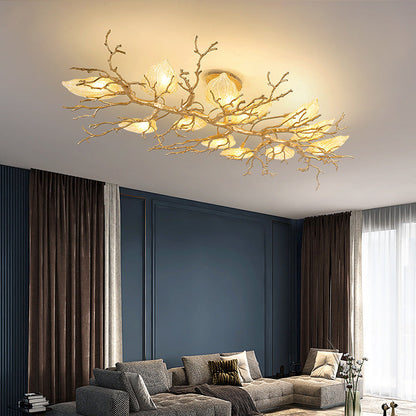 Contemporary Luxury Copper Branch Leaf 10/15 Light Semi-Flush Mount Ceiling Light For Living Room