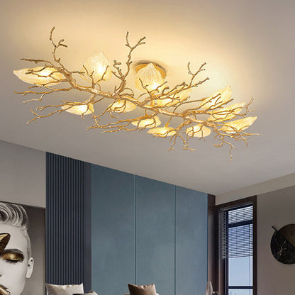 Contemporary Luxury Copper Branch Leaf 10/15 Light Semi-Flush Mount Ceiling Light For Living Room