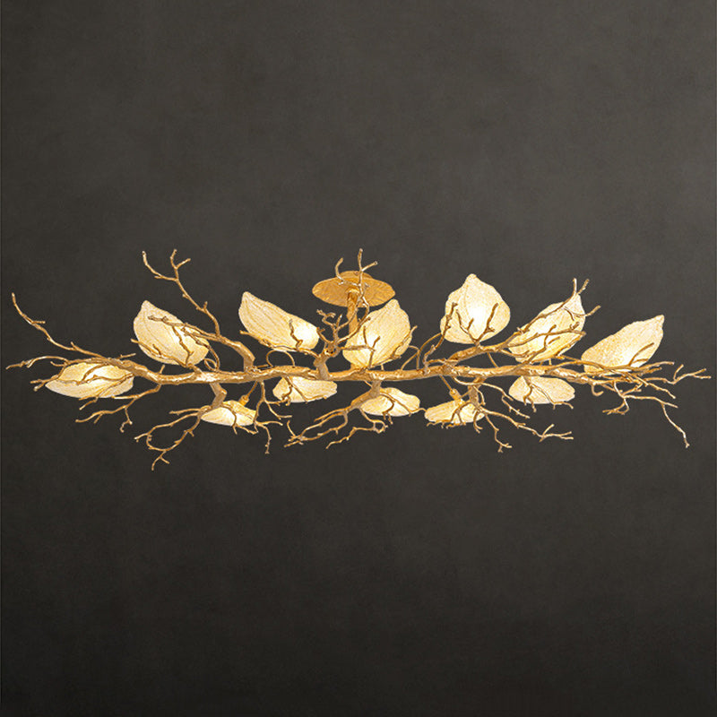 Contemporary Luxury Copper Branch Leaf 10/15 Light Semi-Flush Mount Ceiling Light For Living Room