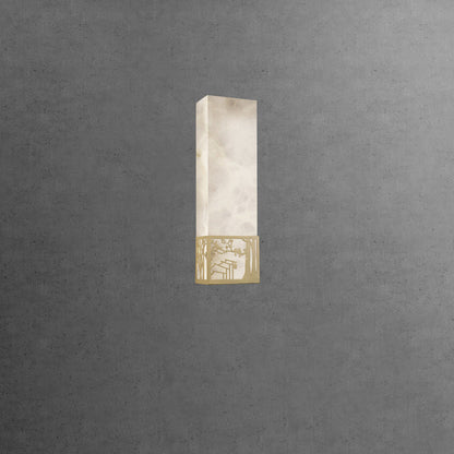 Traditional Chinese Marble Copper Natural Plum Blossom Rectangular LED Wall Sconce Lamp For Bedside