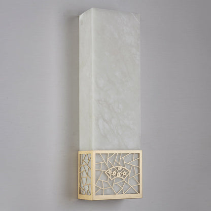 Traditional Chinese Marble Copper Natural Plum Blossom Rectangular LED Wall Sconce Lamp For Bedside