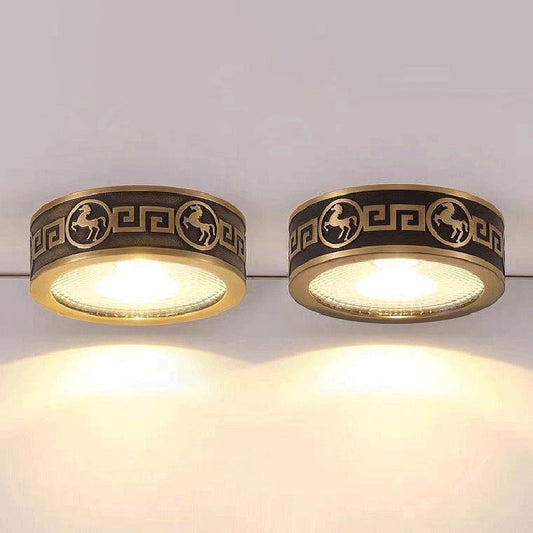 Traditional Chinese Brass Aluminum Round Horse LED Downlight Flush Mount Ceiling Light For Living Room