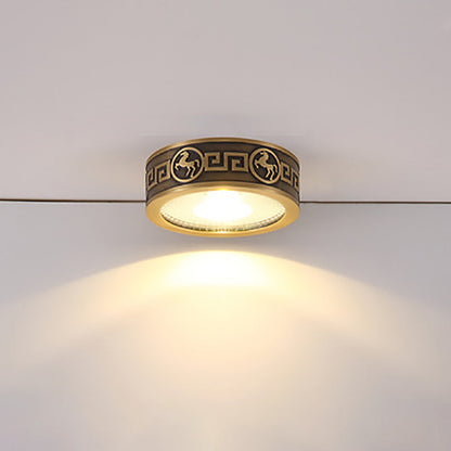 Traditional Chinese Brass Aluminum Round Horse LED Downlight Flush Mount Ceiling Light For Living Room
