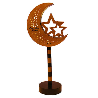 Contemporary Creative Battery Decorative Road Sign Moon Star Round Wood Metal LED Table Lamp For Bedroom