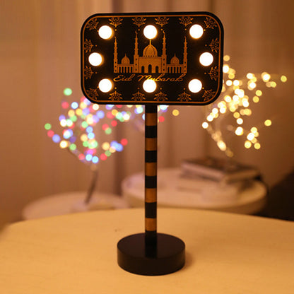 Contemporary Creative Battery Decorative Road Sign Moon Star Round Wood Metal LED Table Lamp For Bedroom