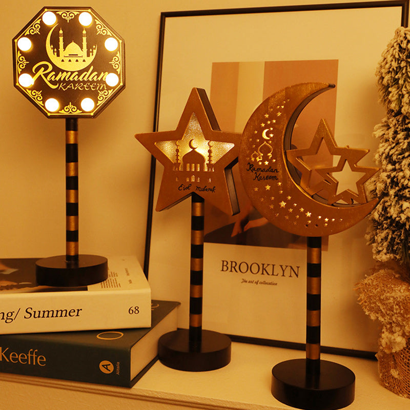 Contemporary Creative Battery Decorative Road Sign Moon Star Round Wood Metal LED Table Lamp For Bedroom